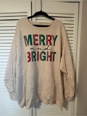Holiday Time Cream "Merry and Bright" Leopard Accent Sweatshirt